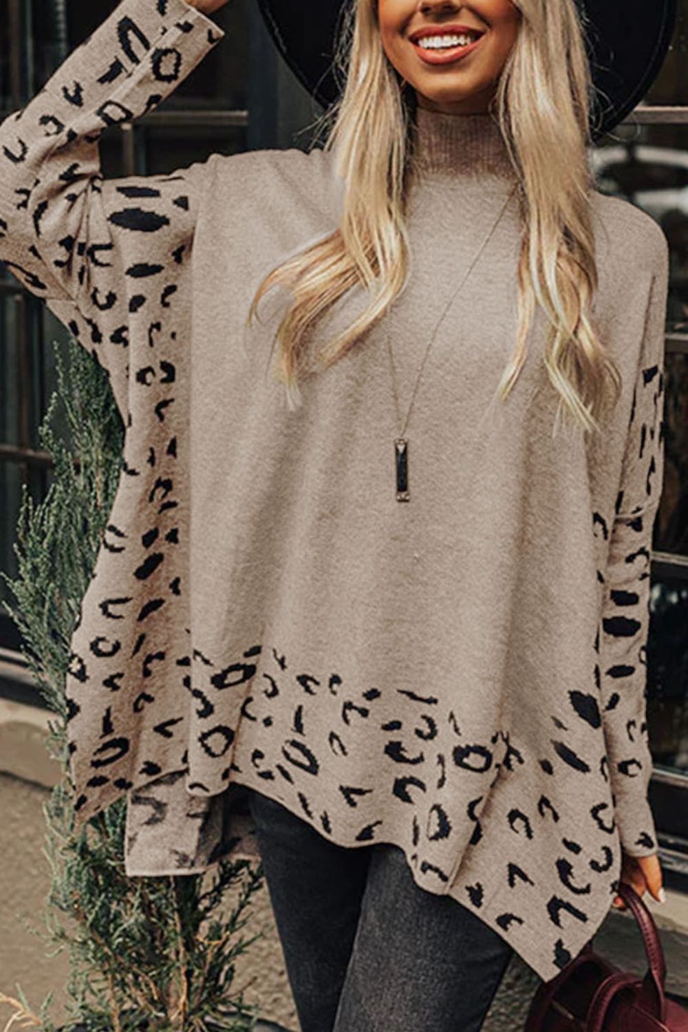 Slit Leopard Mock Neck Dropped Shoulder Sweater-Angel Casuals