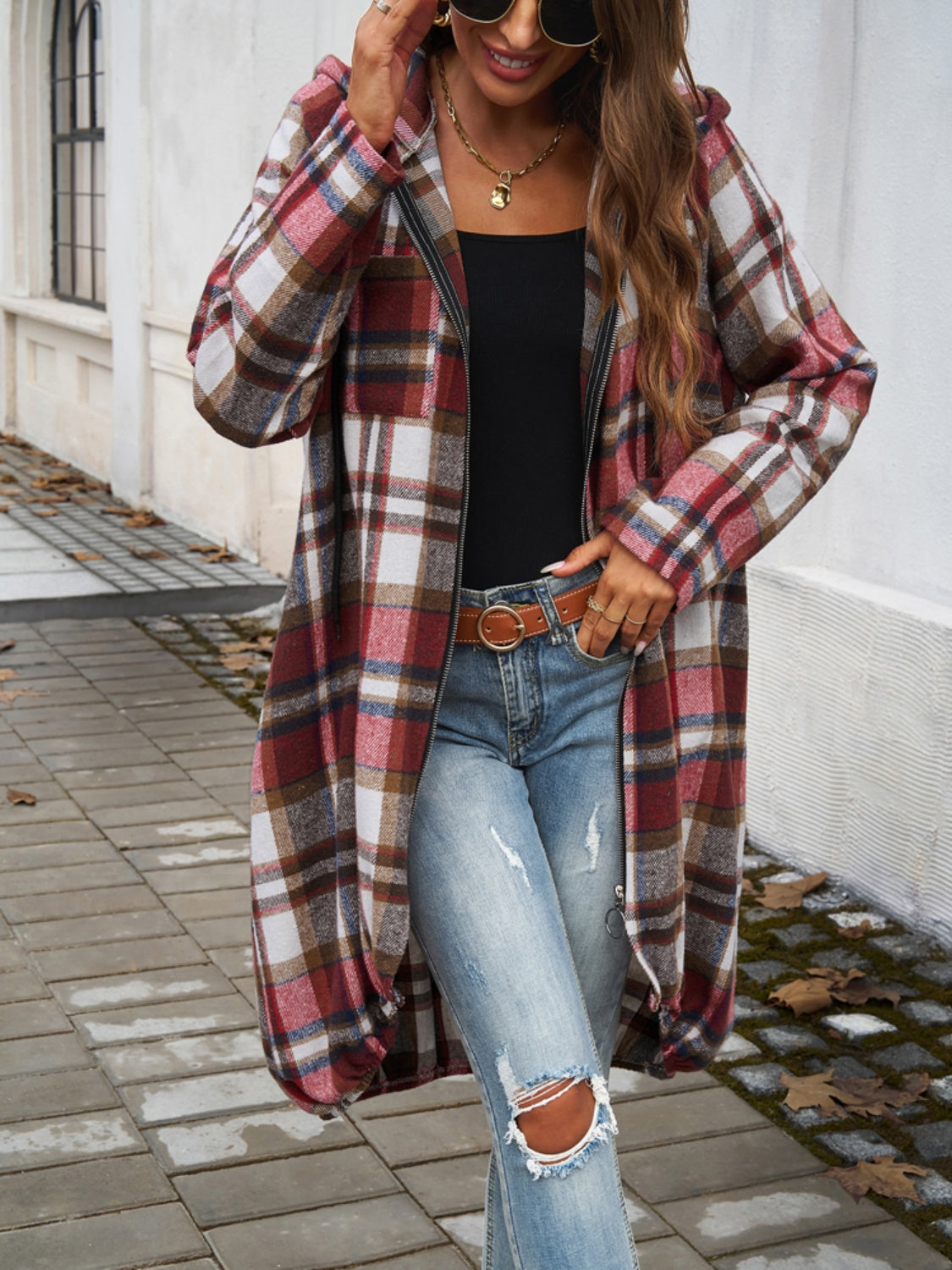 Devine Plaid Zip Up Hooded Coat-Angel Casuals