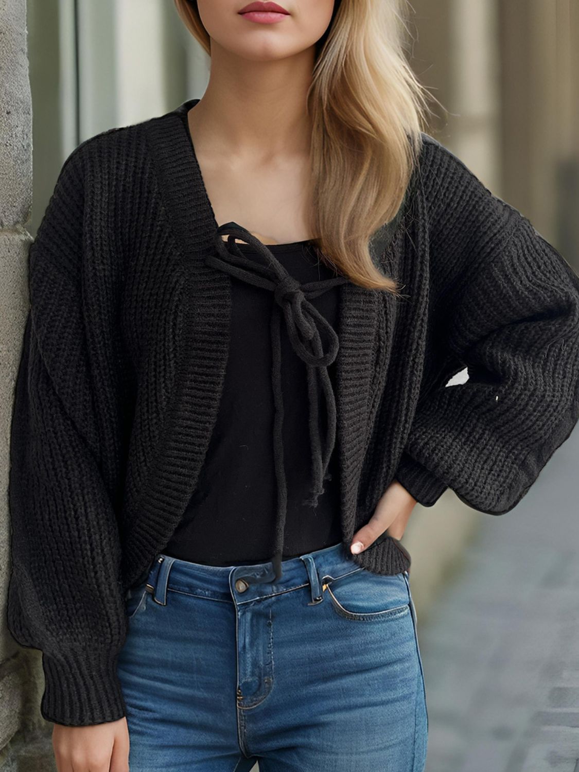 Tied Dropped Shoulder Long Sleeve Cardigan-Angel Casuals