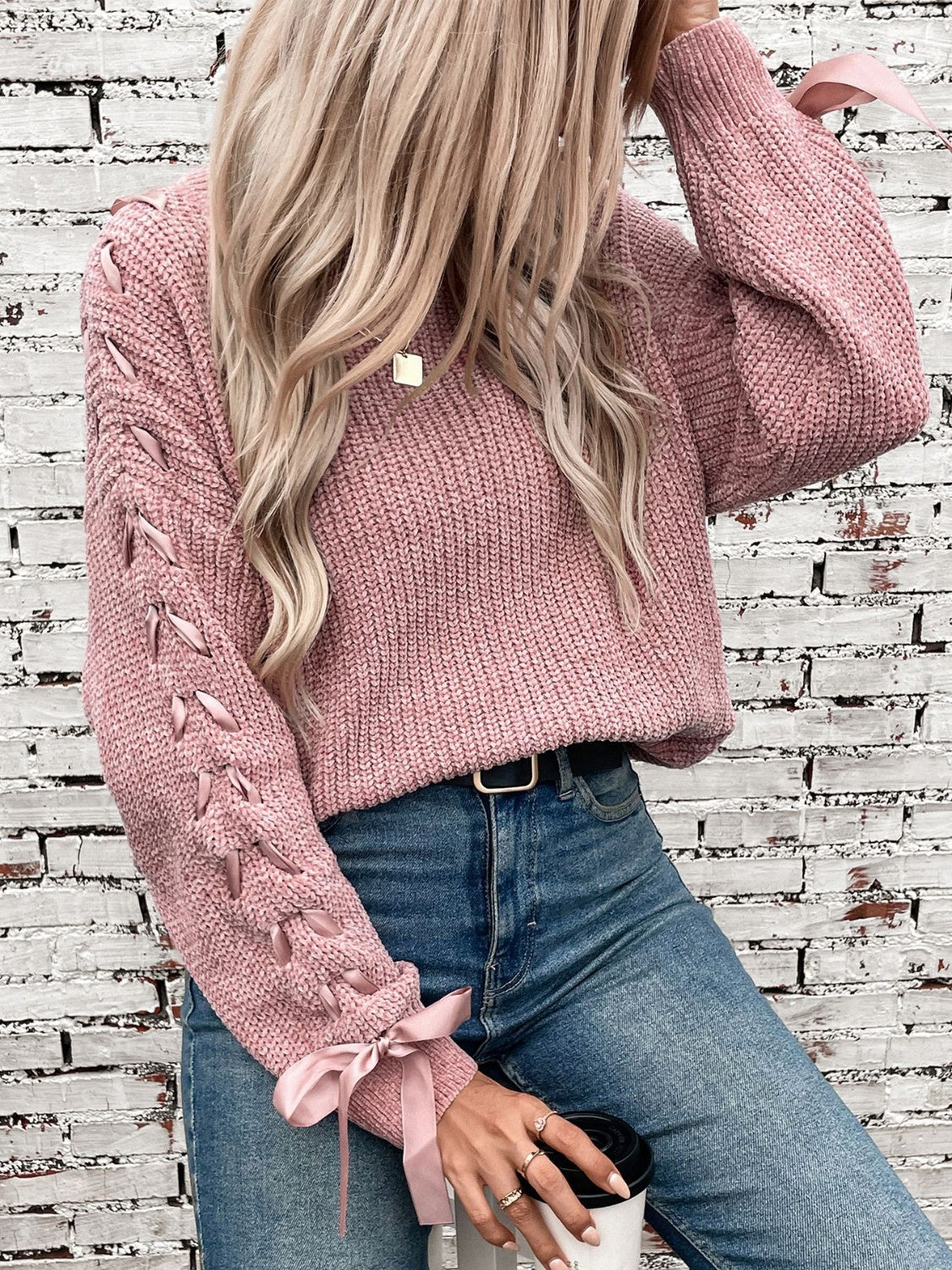 Lace Up Round Neck Long Sleeve Sweater-Angel Casuals