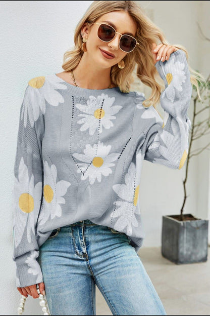 Angel Wings Daisy Print Openwork Round Neck Sweater-Angel Casuals