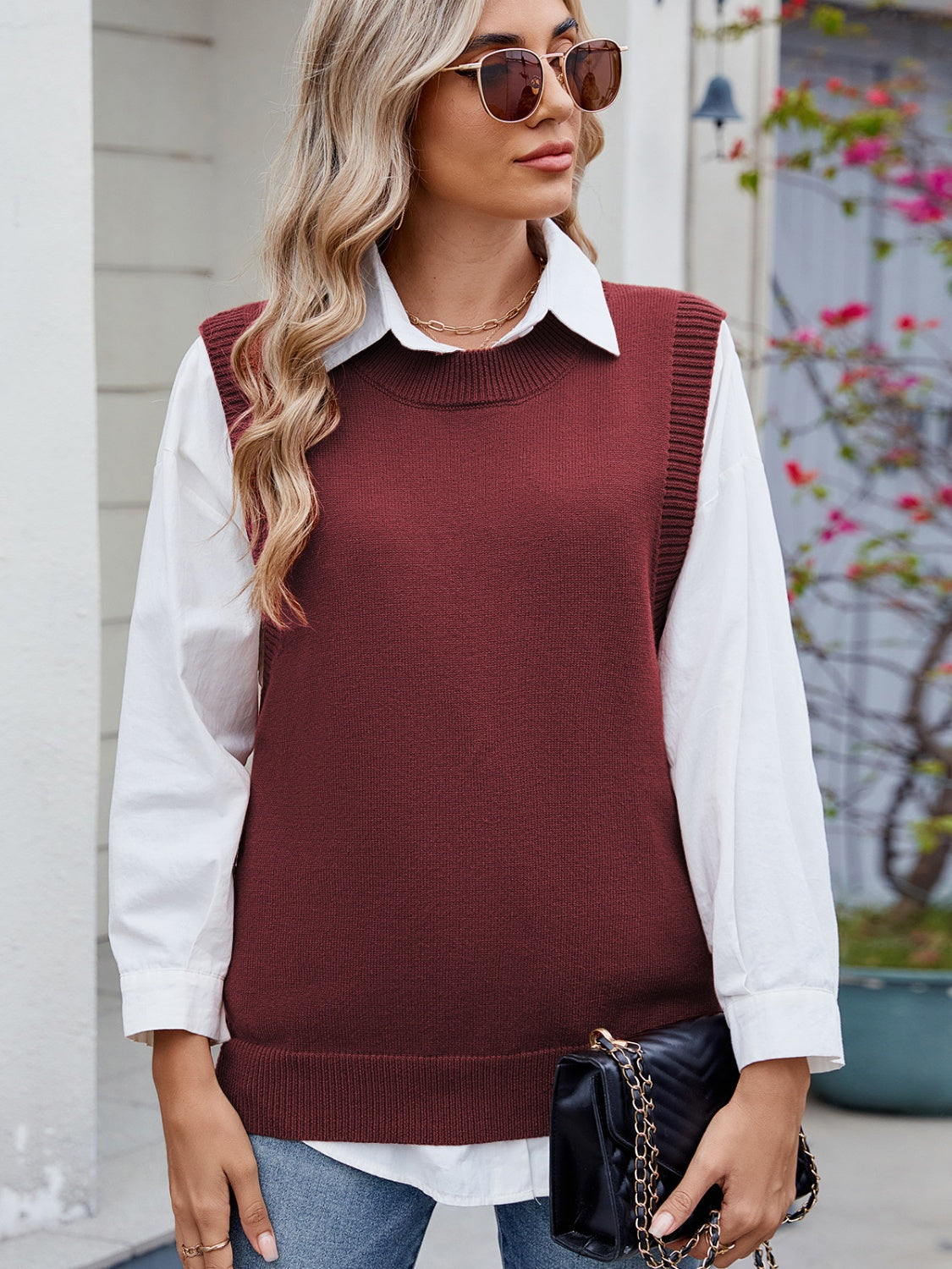 Buttoned Round Neck Sweater Vest-Angel Casuals