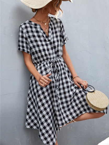 Plaid Notched Short Sleeve Dress-Angel Casuals