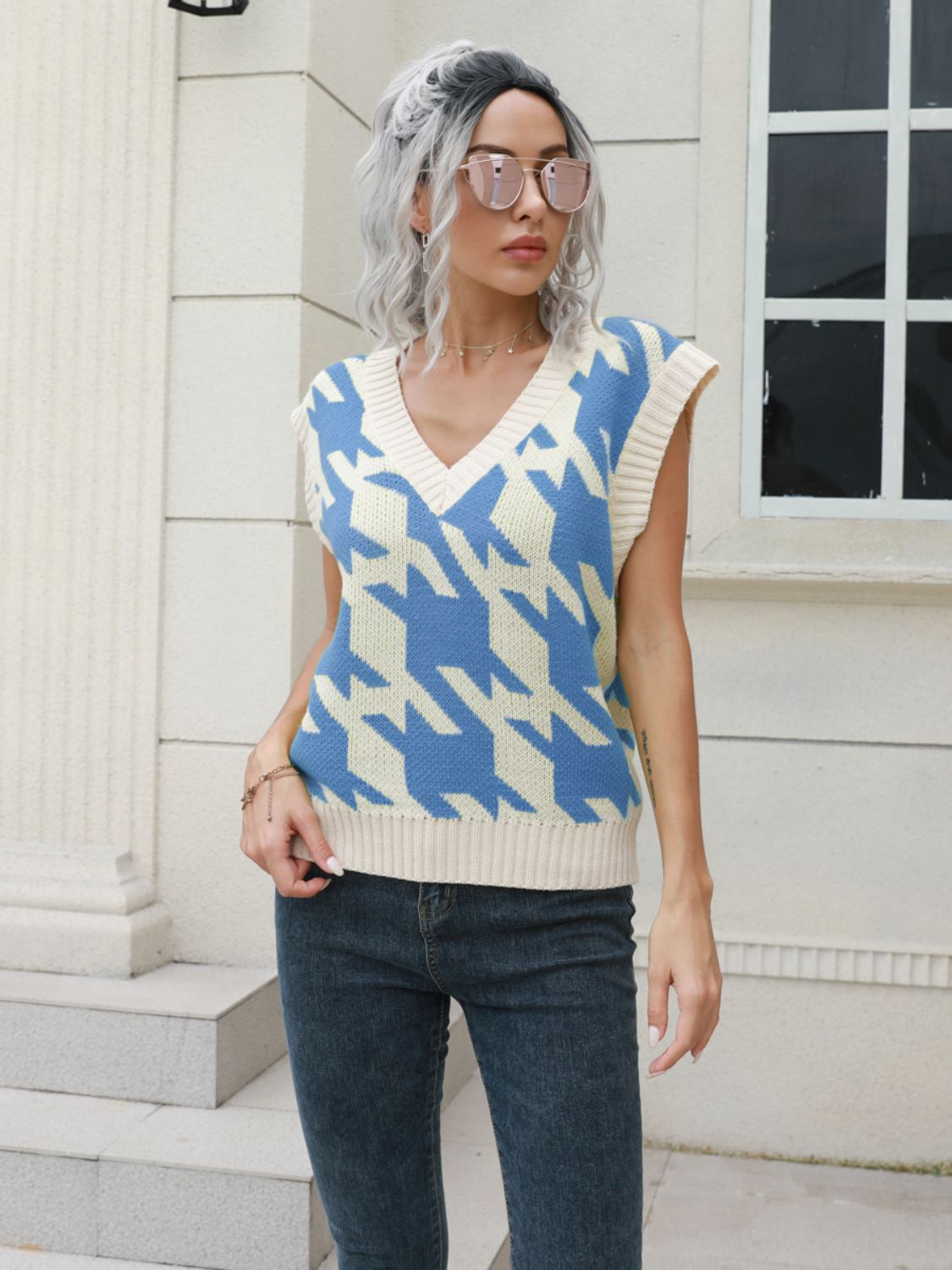 Houndstooth V-Neck Sweater Vest-Angel Casuals