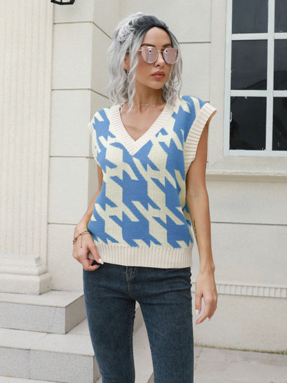 Houndstooth V-Neck Sweater Vest-Angel Casuals