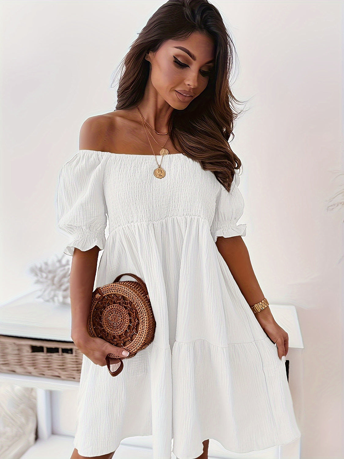 Full Size Ruffled Off-Shoulder Short Sleeve Dress-Angel Casuals