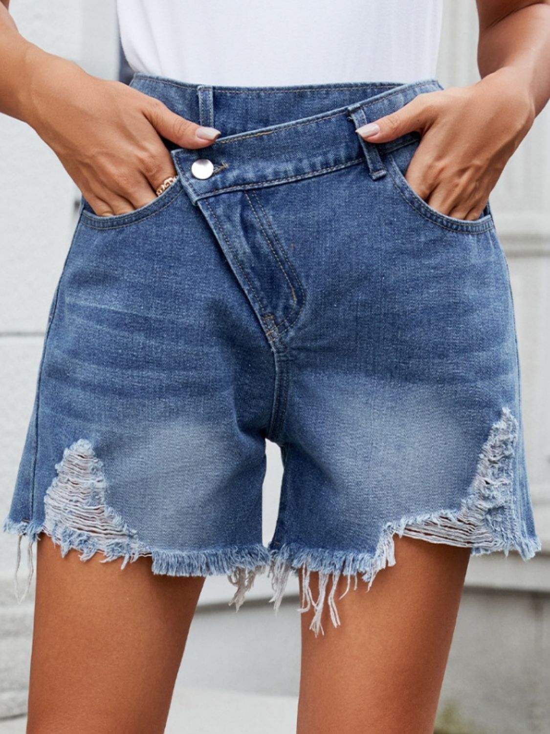 Distressed Raw Hem Asymmetric Waist Denim Shorts-Angel Casuals