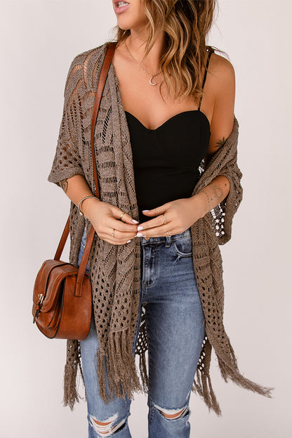 Fringe Hem Slit Open Front Cardigan-Angel Casuals