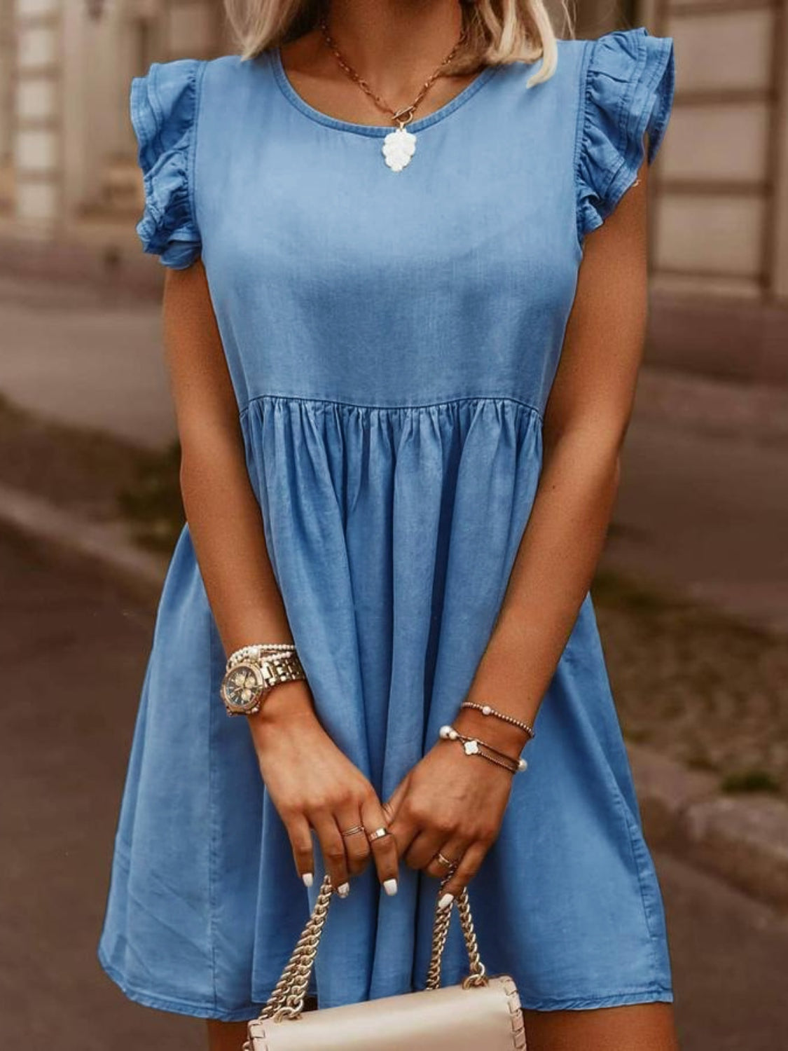 Full Size Ruffled Round Neck Cap Sleeve Denim Dress-Angel Casuals