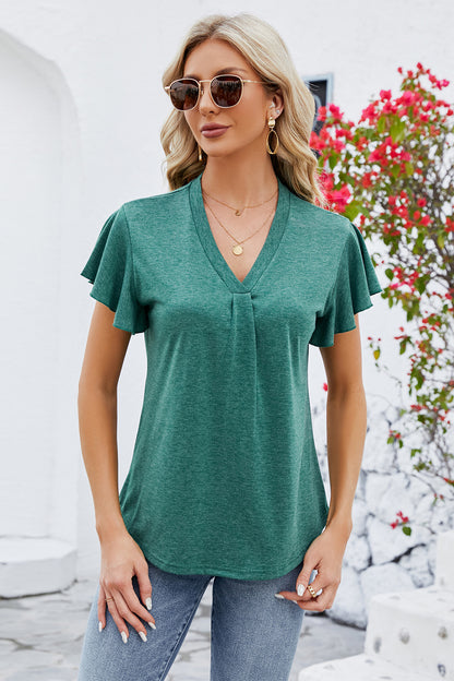 V-Neck Flutter Sleeve T-Shirt-Angel Casuals