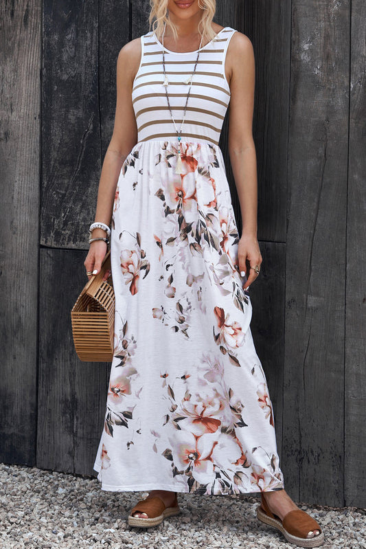 Striped Floral Round Neck Sleeveless Maxi Dress-Angel Casuals