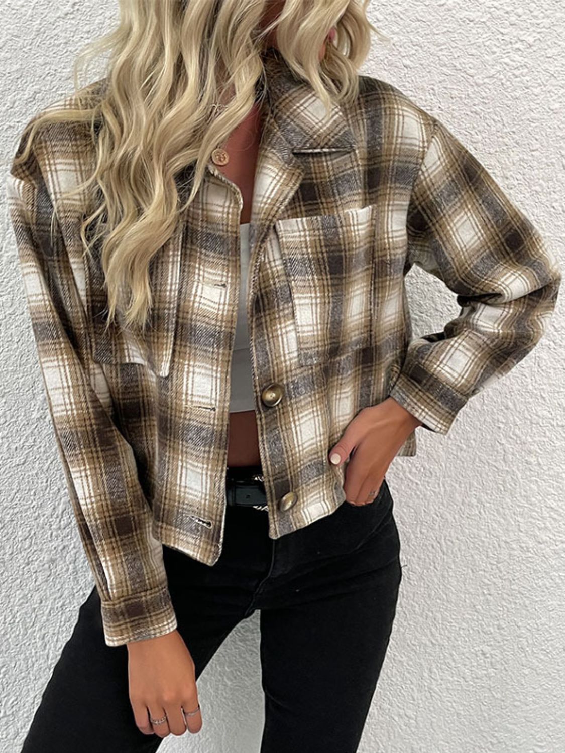 Plaid Button-Up Dropped Shoulder Shacket-Angel Casuals