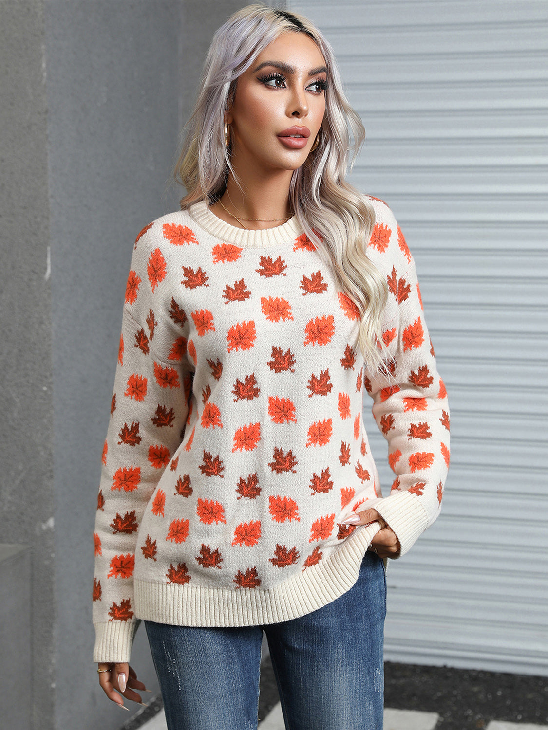 Angel Wings Maple Leaf Round Neck Long Sleeve Sweater-Angel Casuals