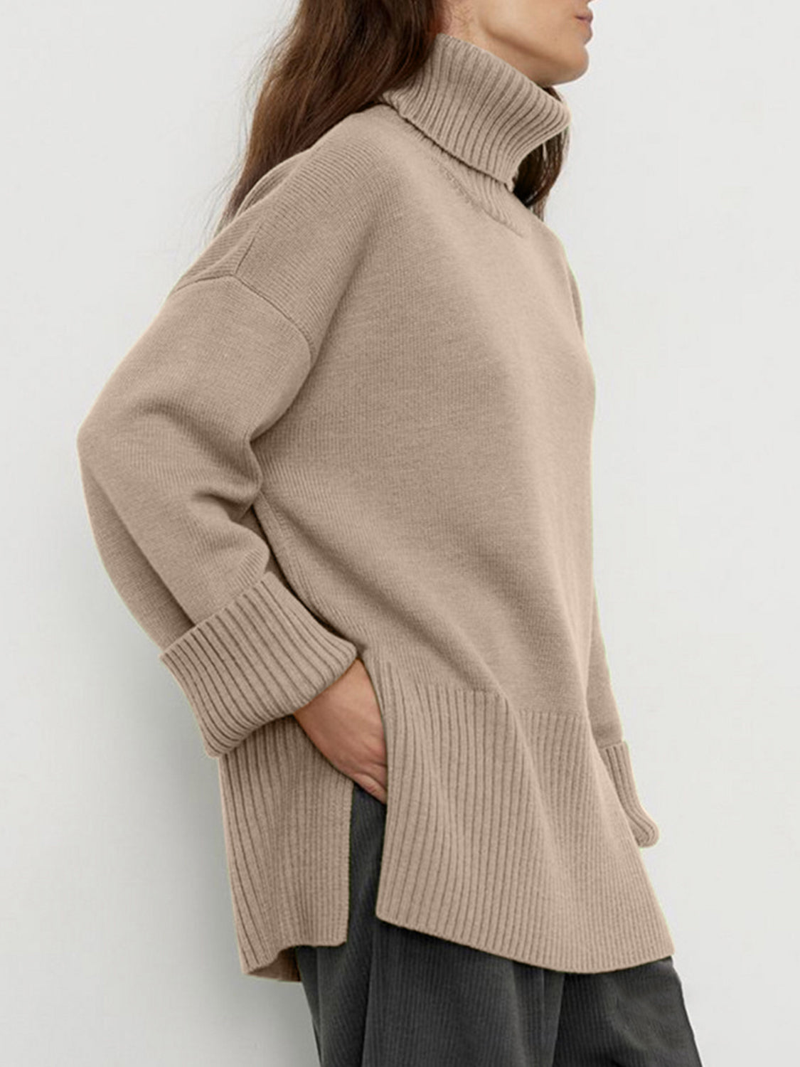 Side Slit Turtleneck Drop Shoulder Sweater-Angel Casuals