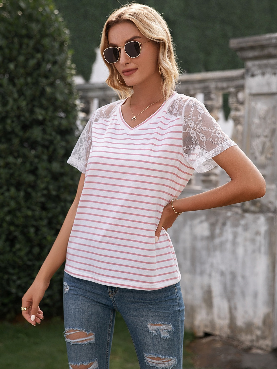 Lace Detail Striped V-Neck T-Shirt-Angel Casuals