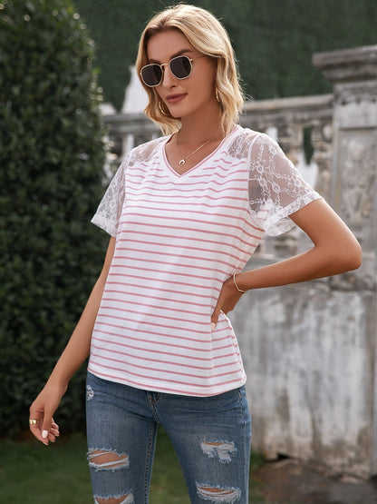 Lace Detail Striped V-Neck T-Shirt-Angel Casuals