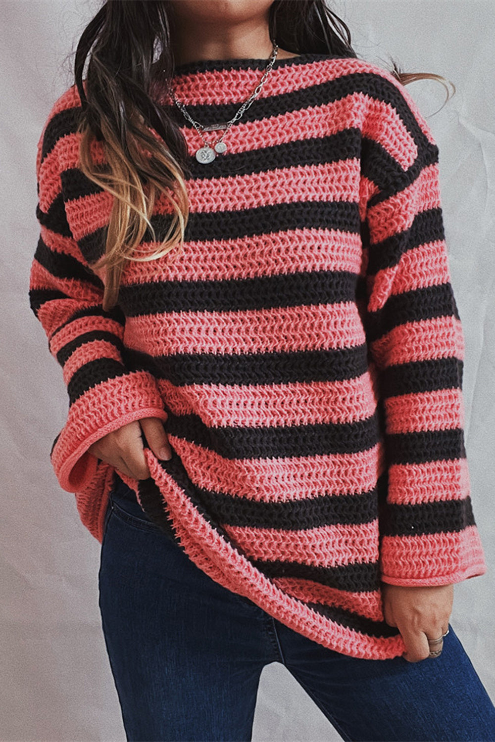 Striped Round Neck Dropped Shoulder Sweater-Angel Casuals