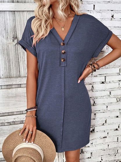 Quarter Button V-Neck Short Sleeve Dress-Angel Casuals