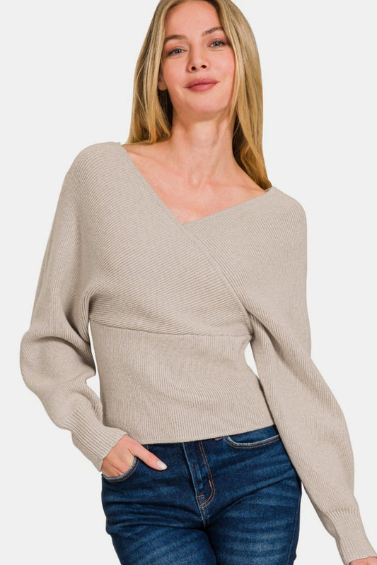 Zenana Cross Wrap Rib Long Sleeve Sweater-Angel Casuals