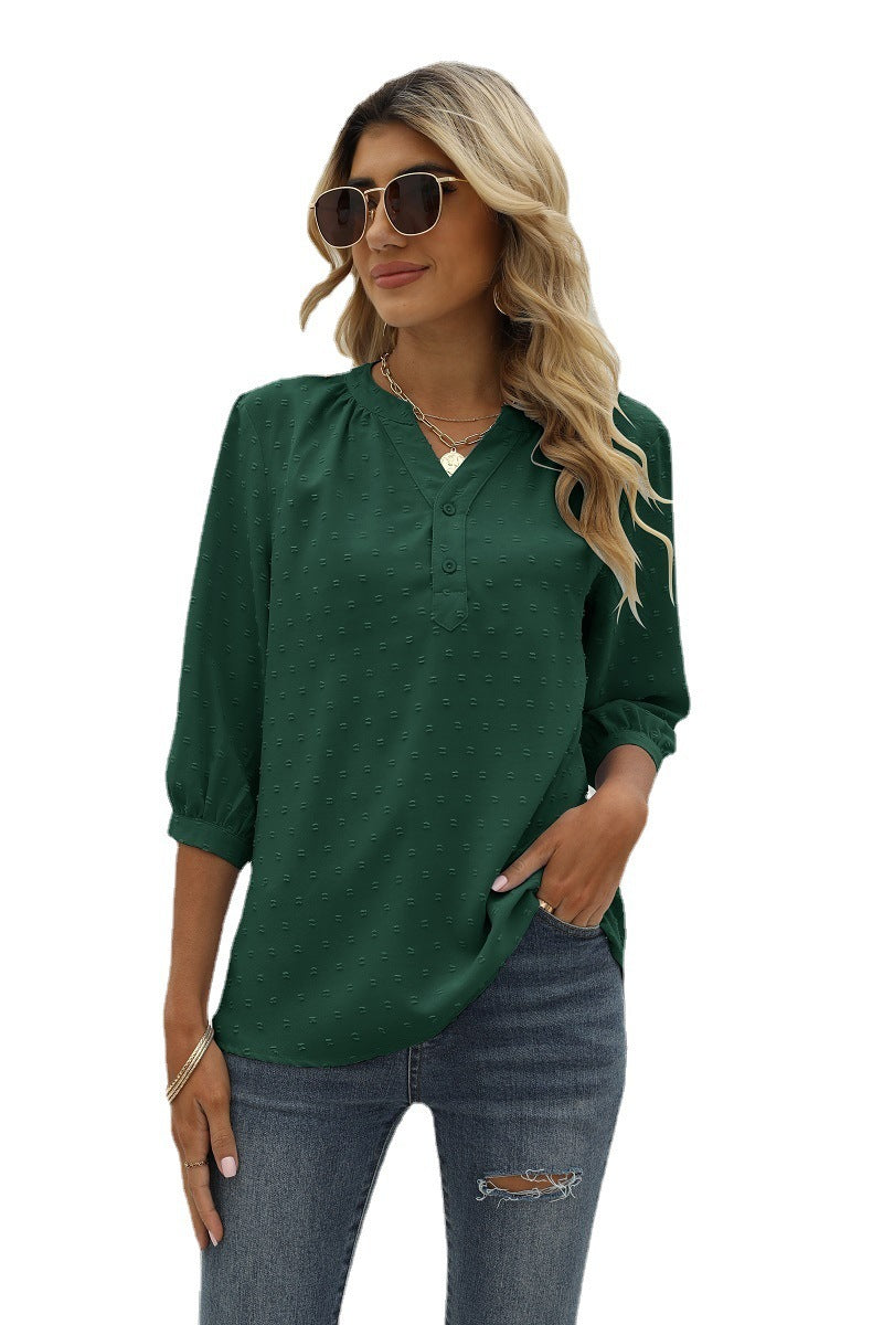 Swiss Dot Notched Neck Three-Quarter Sleeve Blouse-Angel Casuals