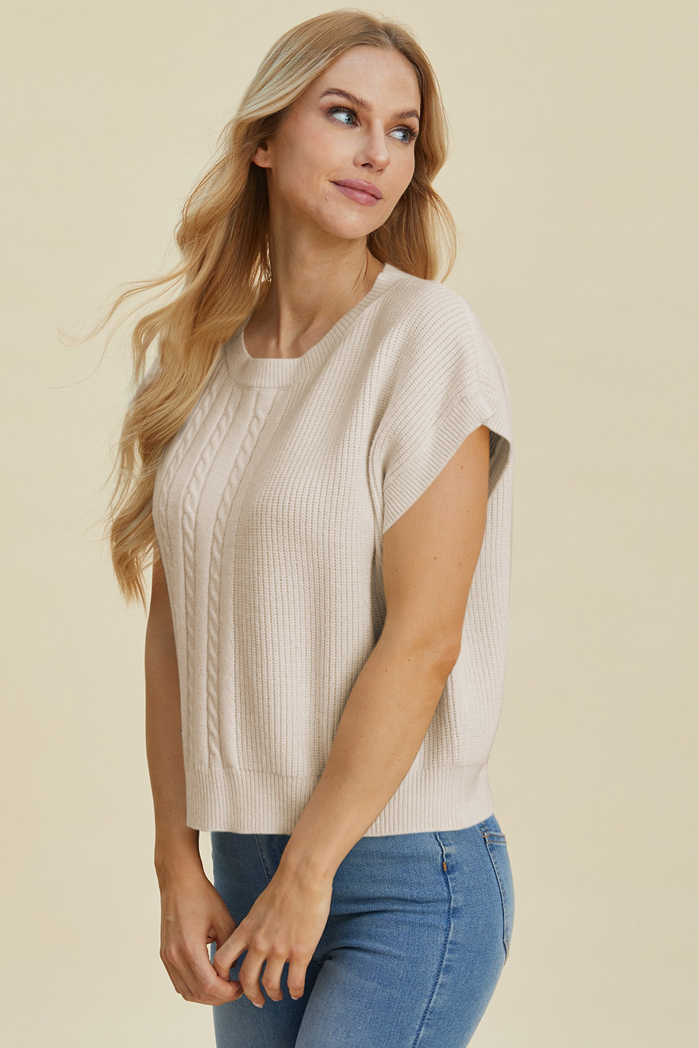 Double Take Full Size Cable-Knit Round Neck Short Sleeve Sweater-Angel Casuals