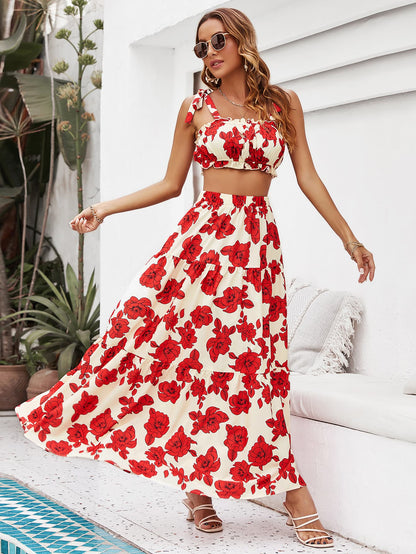 Floral Tie Shoulder Top and Tiered Maxi Skirt Set-Angel Casuals