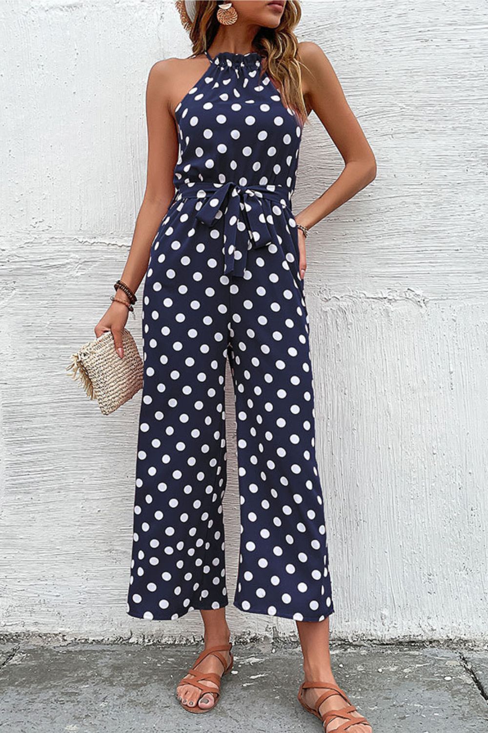 Polka Dot Grecian Wide Leg Jumpsuit-Angel Casuals