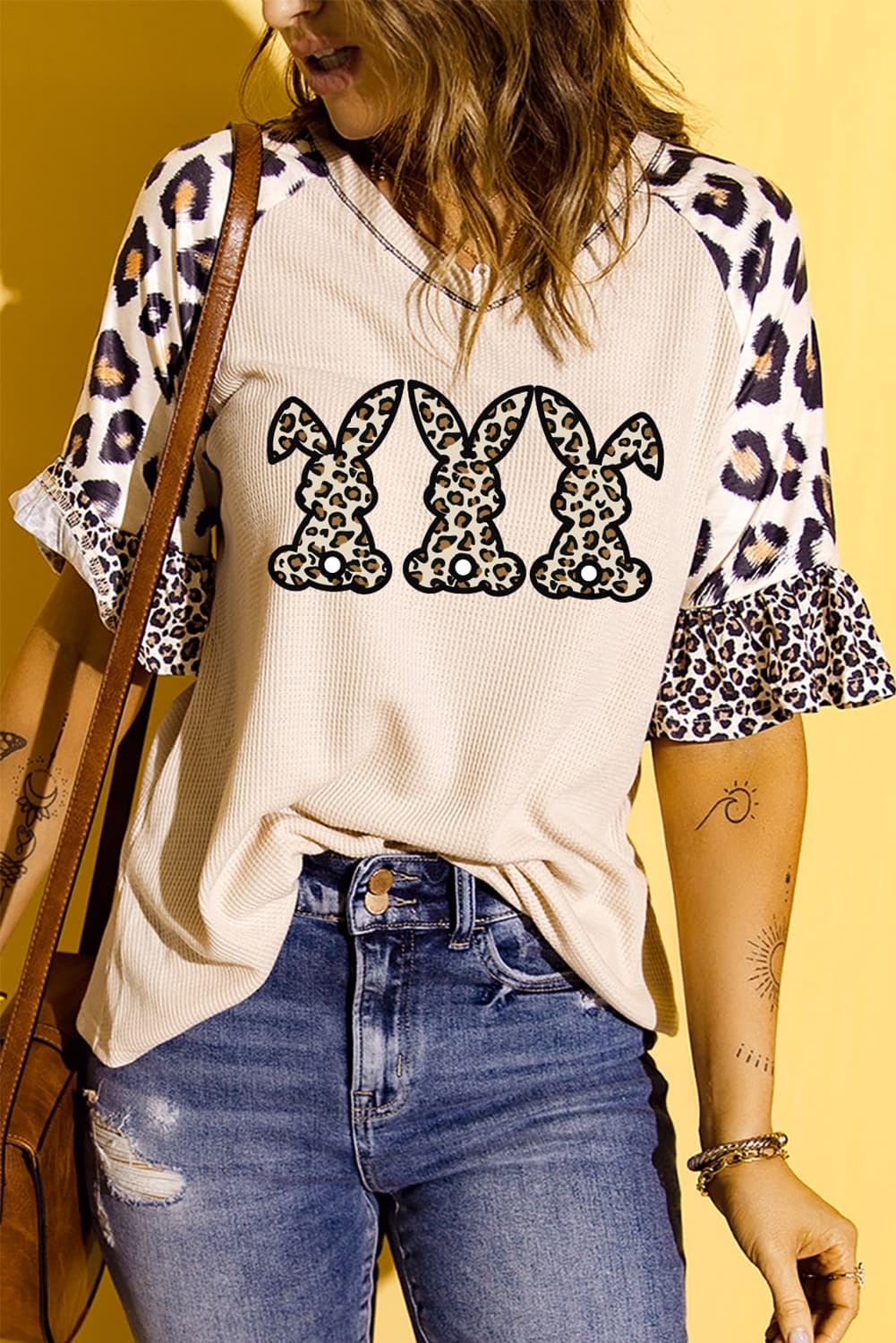 Easter Leopard Waffle-Knit Flounce Sleeve Top-Angel Casuals