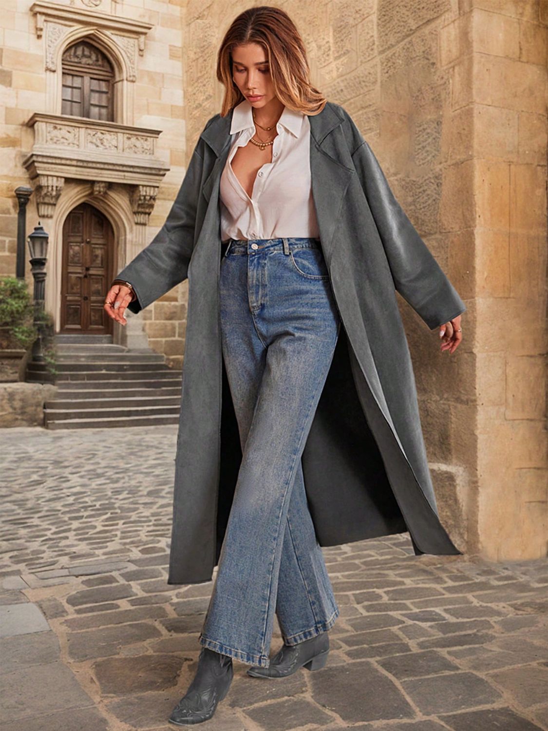 Tie Waist Long Sleeve Coat-Angel Casuals