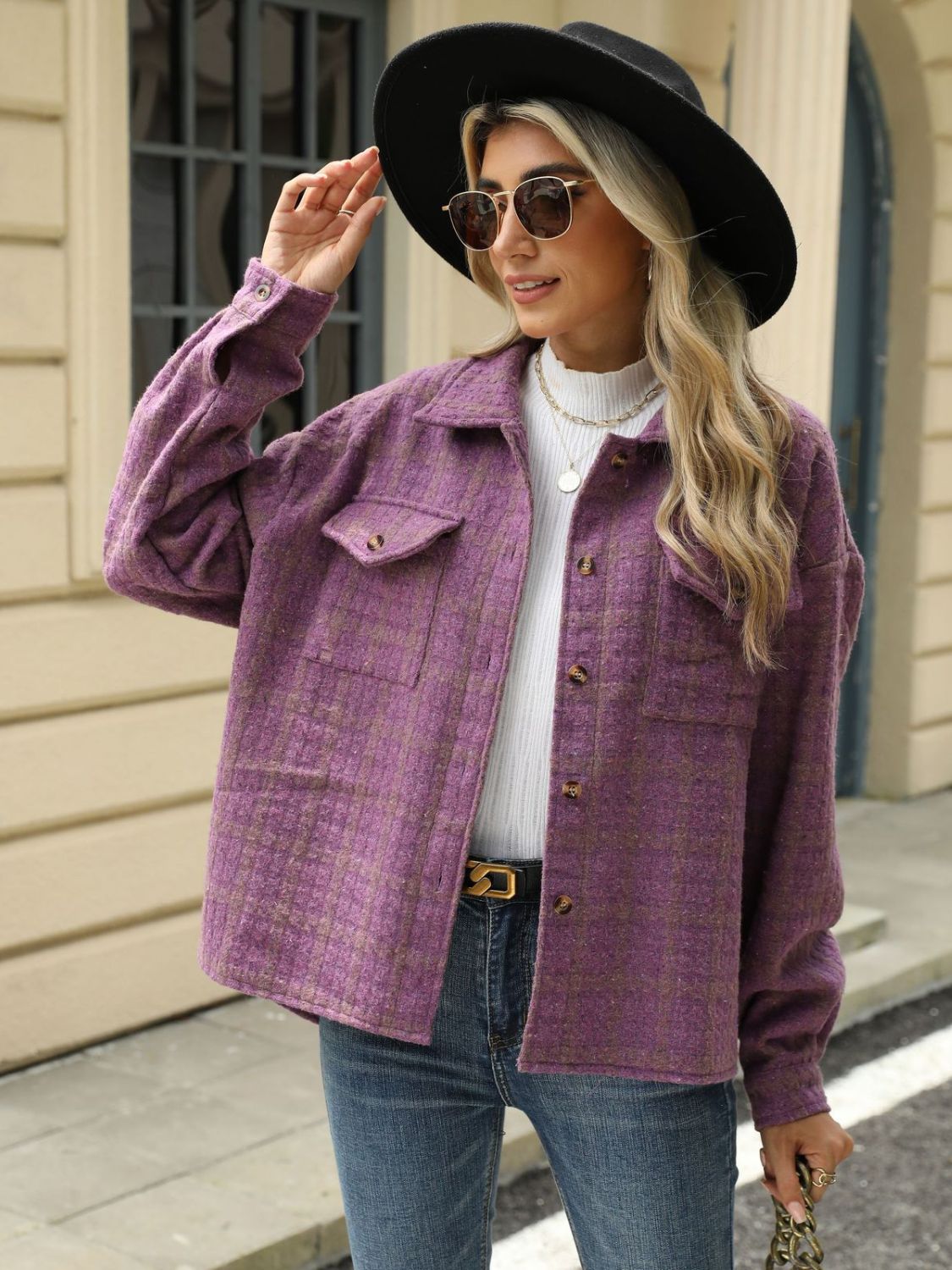 Plaid Collared Neck Long Sleeve Jacket-Angel Casuals