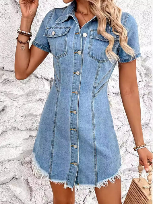 Raw Hem Button Up Short Sleeve Denim Dress-Angel Casuals