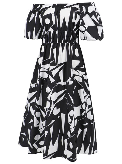 Printed Off-Shoulder Balloon Sleeve Dress-Angel Casuals