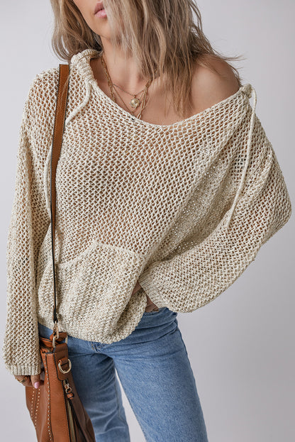 Openwork Dropped Shoulder Hooded Knit Top-Angel Casuals