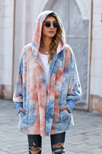 Tie-Dye Plush Hooded Jacket with Pockets-Angel Casuals