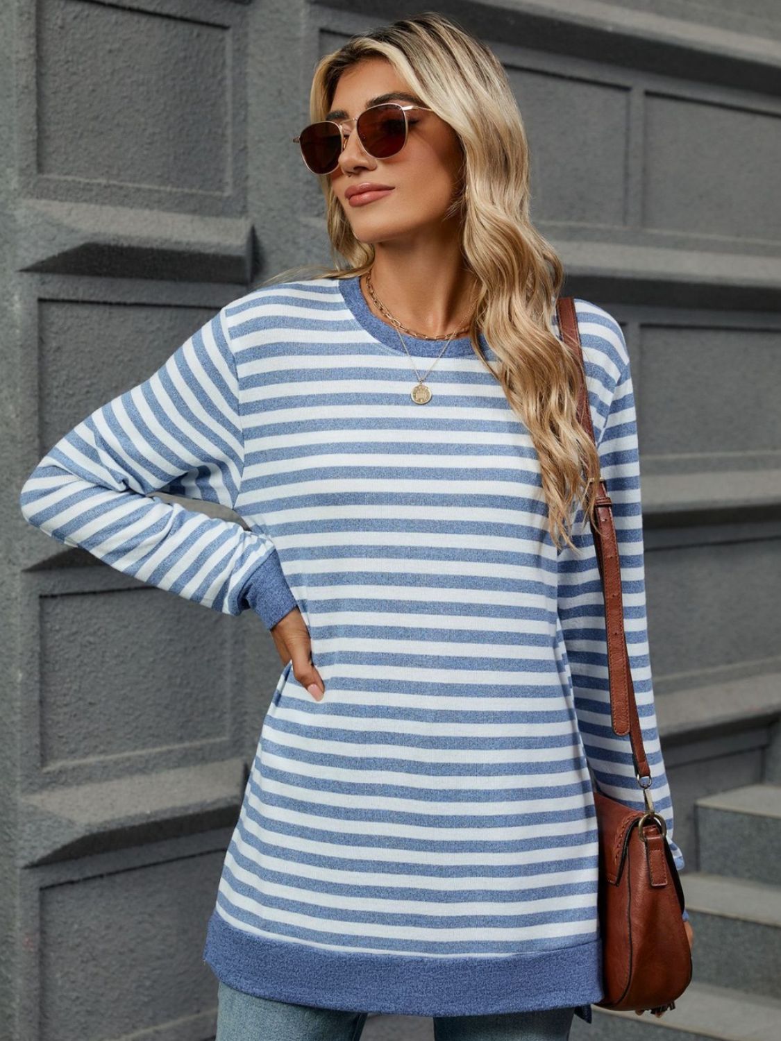 Striped Round Neck Long Sleeve T-Shirt-Angel Casuals