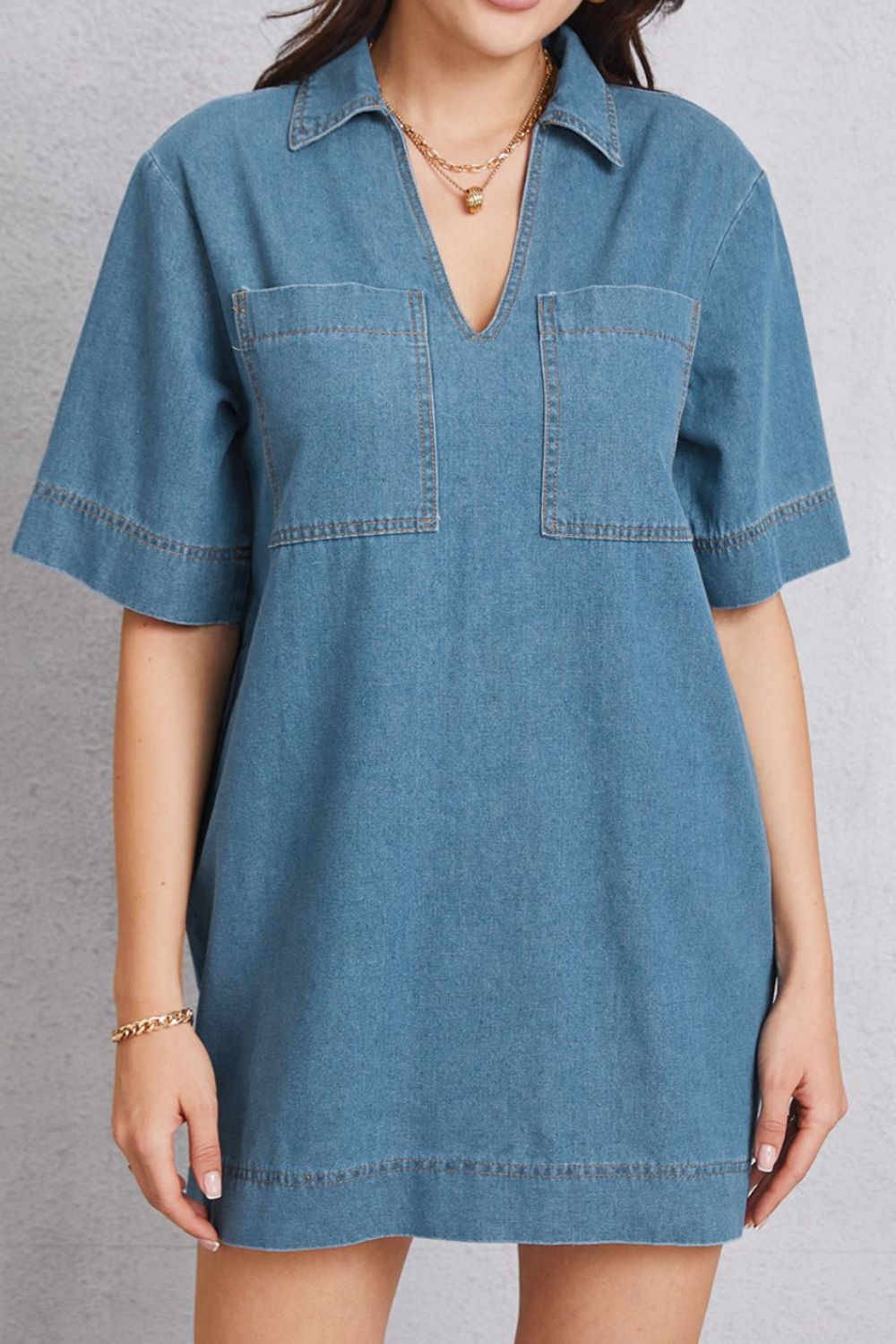 Pocketed Collared Neck Mini Denim Dress-Angel Casuals