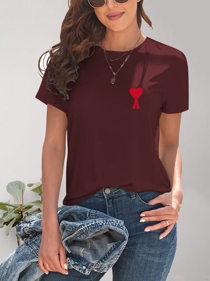 Heart Round Neck Short Sleeve T-Shirt-Angel Casuals