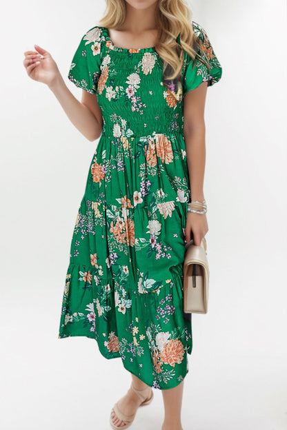 Smocked Printed Puff Sleeve Midi Dress-Angel Casuals