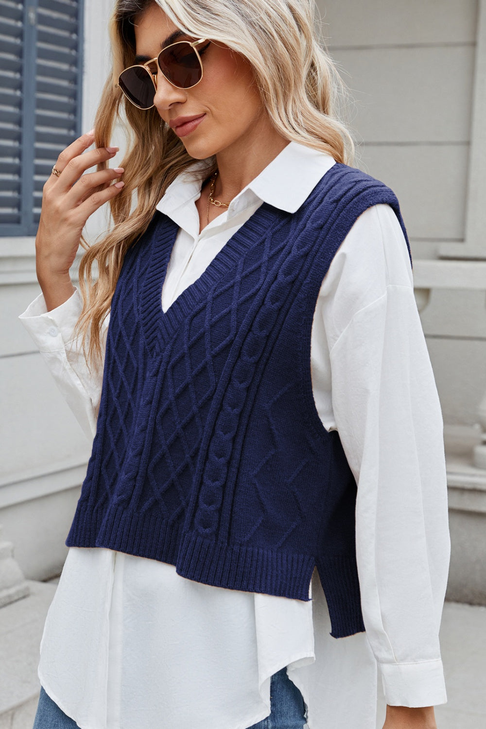 Cable-Knit V-Neck Sweater Vest-Angel Casuals