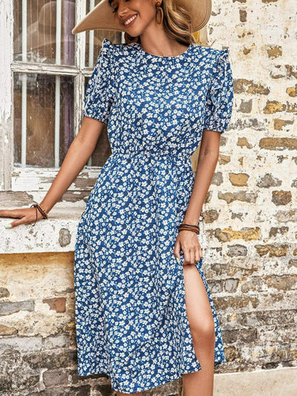 Floral Round Neck Split Midi Dress-Angel Casuals