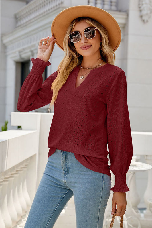 Eyelet Notched Lantern Sleeve T-Shirt-Angel Casuals