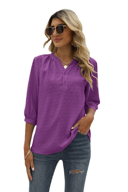 Swiss Dot Notched Neck Three-Quarter Sleeve Blouse-Angel Casuals