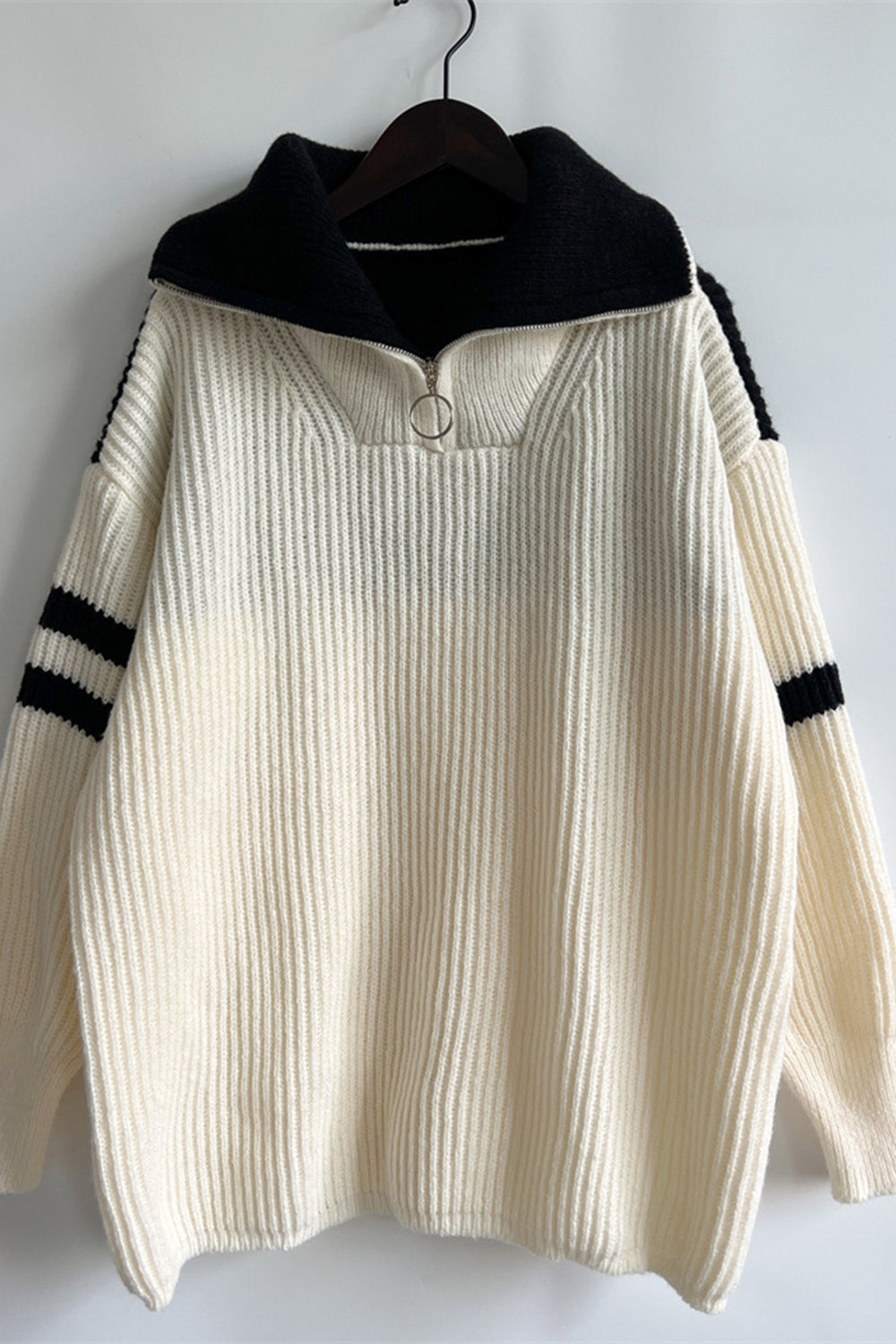 Quarter Zip Striped Dropped Shoulder Sweater-Angel Casuals