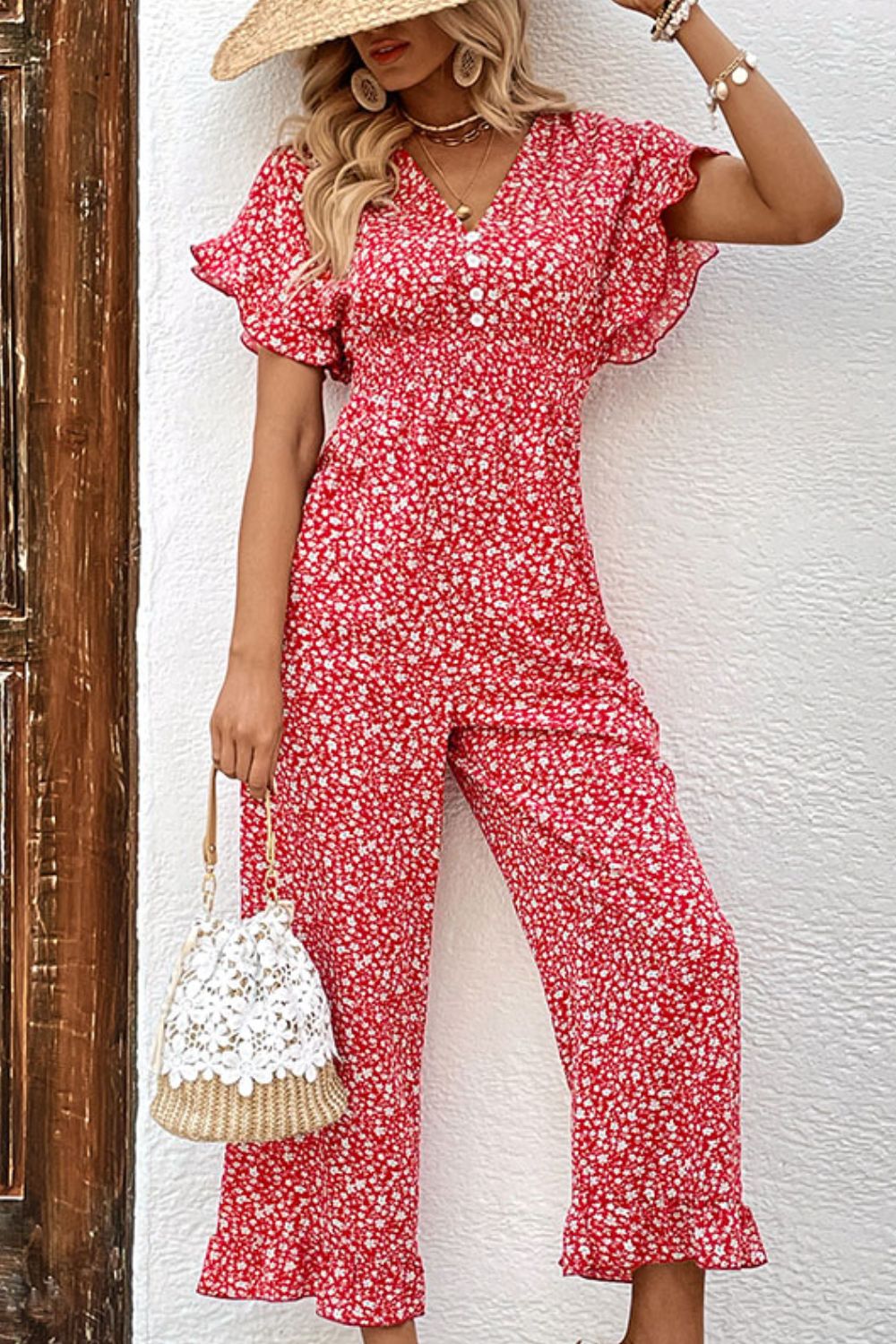 Printed Tie Back Ruffled Jumpsuit-Angel Casuals