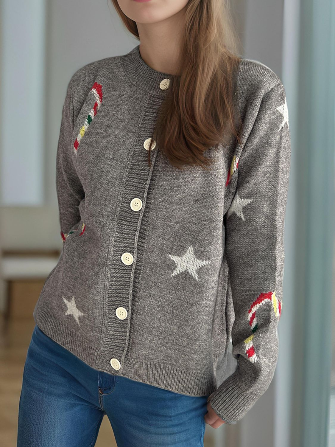 Candy Cane & Star Button Down Long Sleeve Cardigan-Angel Casuals