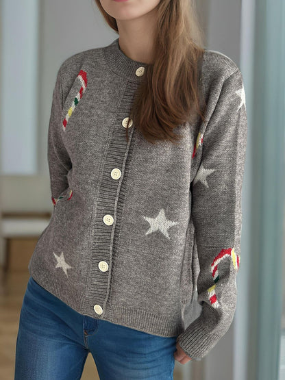 Candy Cane & Star Button Down Long Sleeve Cardigan-Angel Casuals