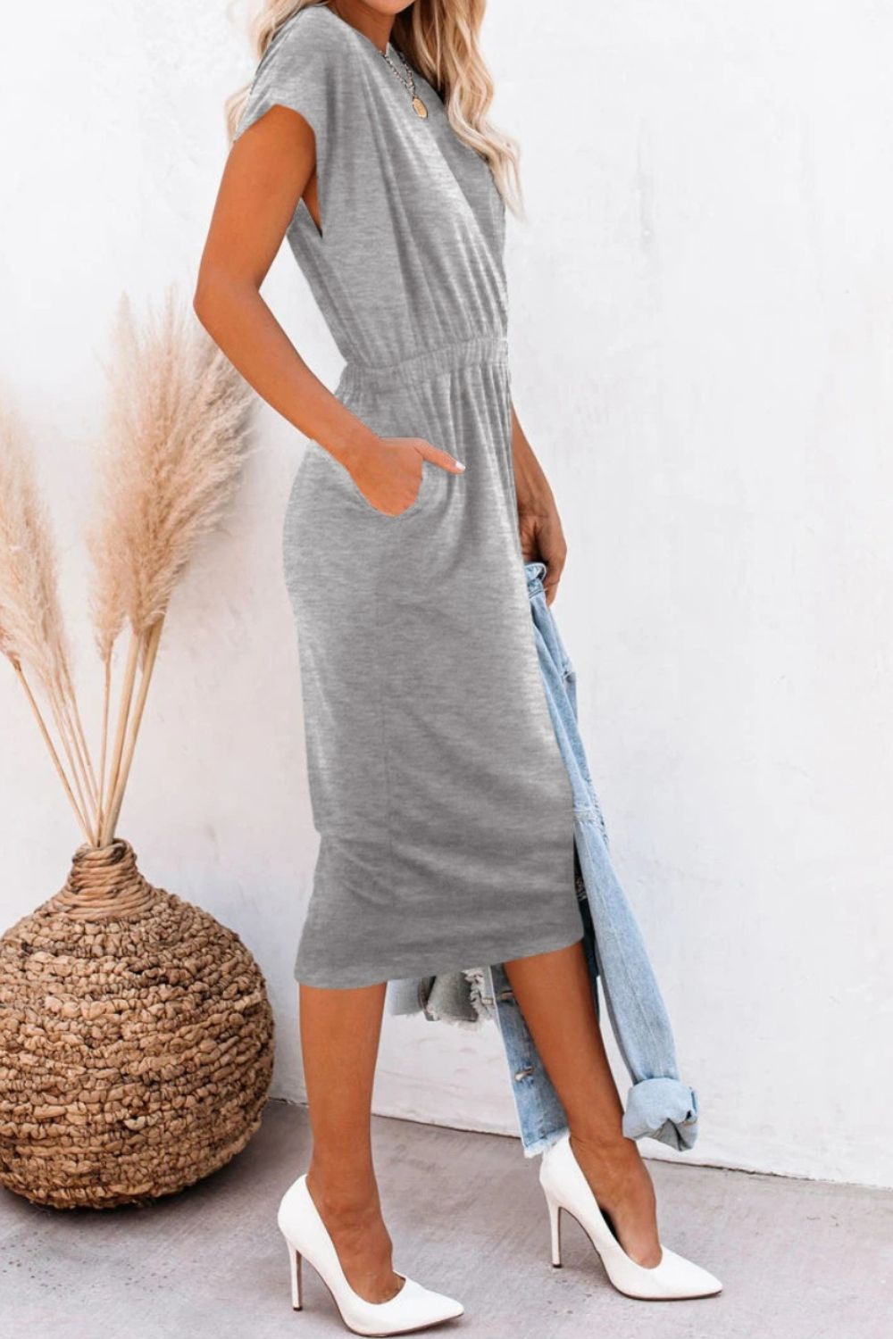 Pocketed Round Neck Cap Sleeve Dress-Angel Casuals