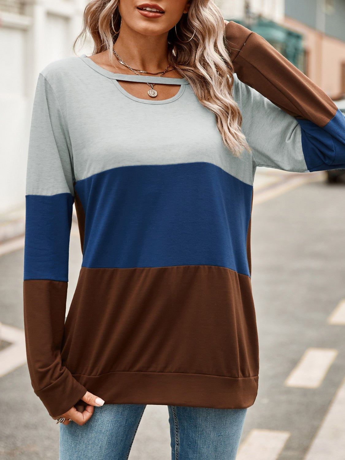 Color Block Cutout Round Neck Long Sleeve T-Shirt-Angel Casuals