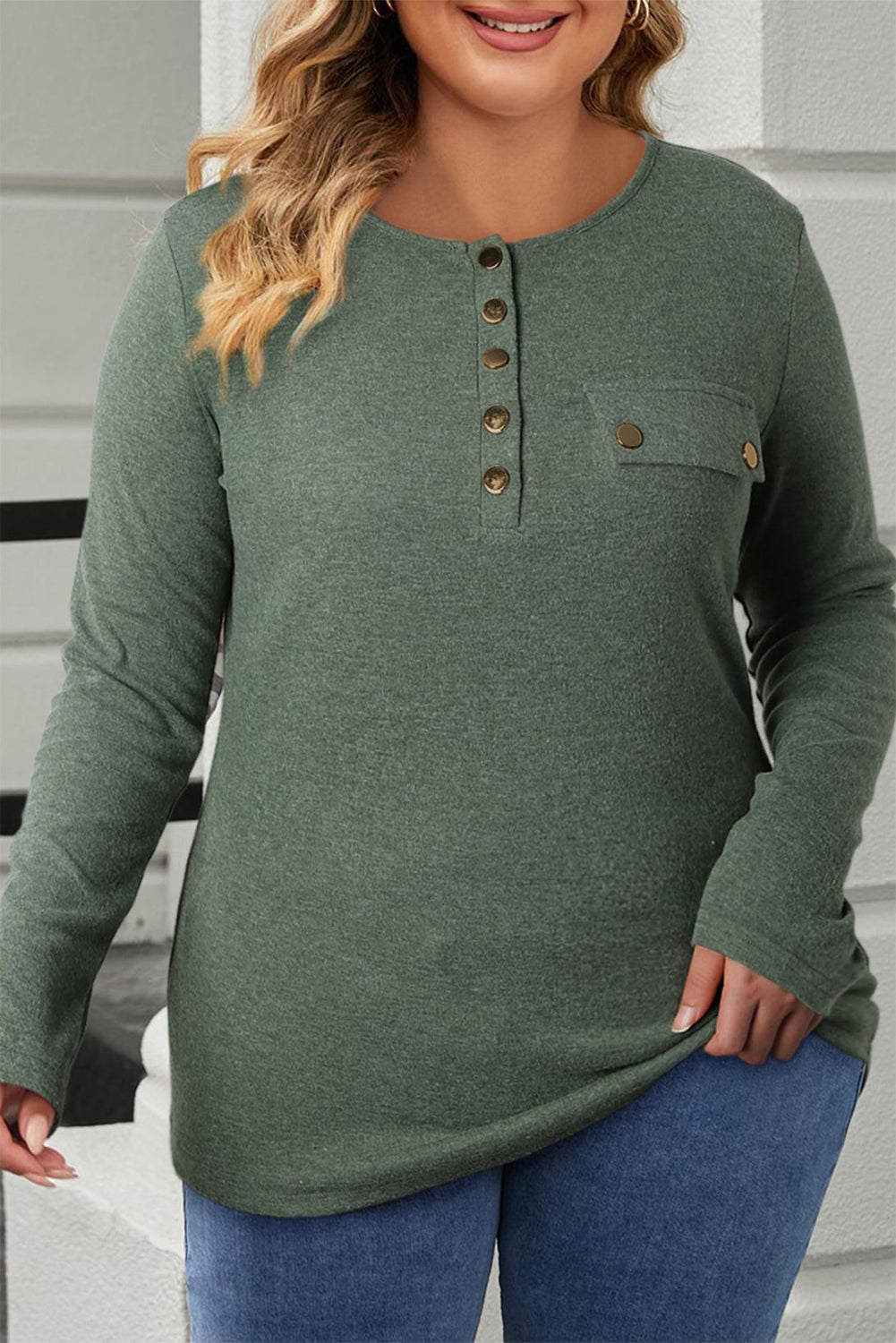 Plus Size Half Snap Long Sleeve T-Shirt-Angel Casuals