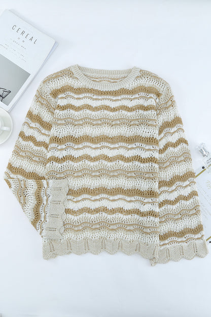 Wavy Stripe Scalloped Hem Openwork Knit Top-Angel Casuals